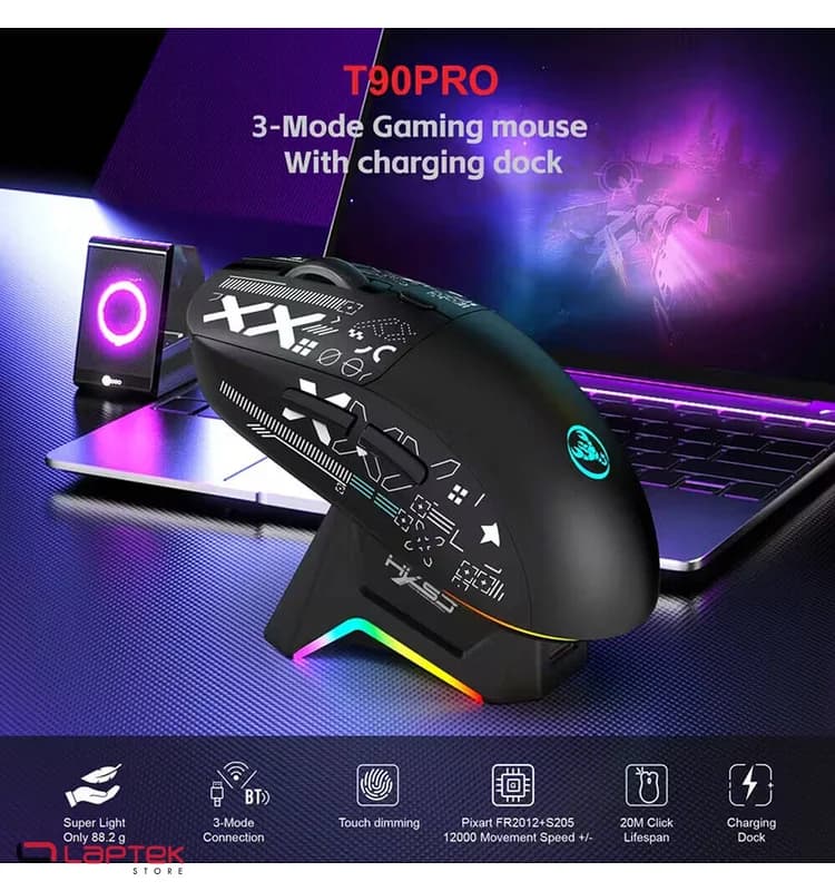 Souris Gaming HXSJ T90 Pro – Sans Fil RGB Blanche, 1000 Hz, 650 mAh, Tri-Mode Black - Vue 1 | Laptek Store Tunisie