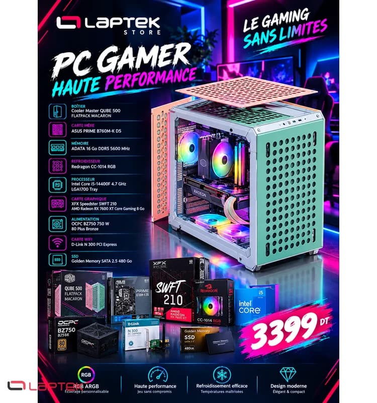 PC Gamer Cooler Master QUBE 500 | i5-14400F | RX 7600 XT 8 Go | 16 Go DDR5 - Vue 1 | Laptek Store Tunisie