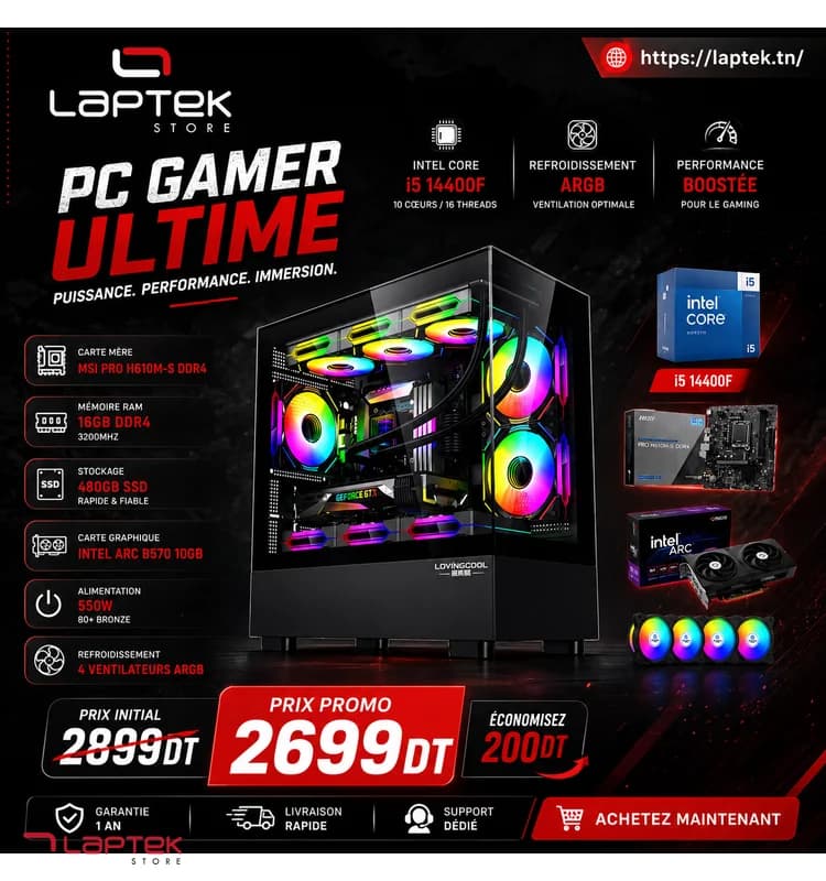 PC Gamer Intel Core i5-14400F | Intel Arc B570 10Go GDDR6 | 16Go RAM | SSD 480Go | LapTek Tunisie - Vue 1 | Laptek Store Tunisie