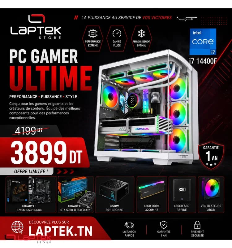 PC Gamer Intel Core i7-14400F | GeForce RTX 5060 8Go GDDR7 | 16Go RAM | SSD 480Go | LapTek Tunisie - Vue 1 | Laptek Store Tunisie