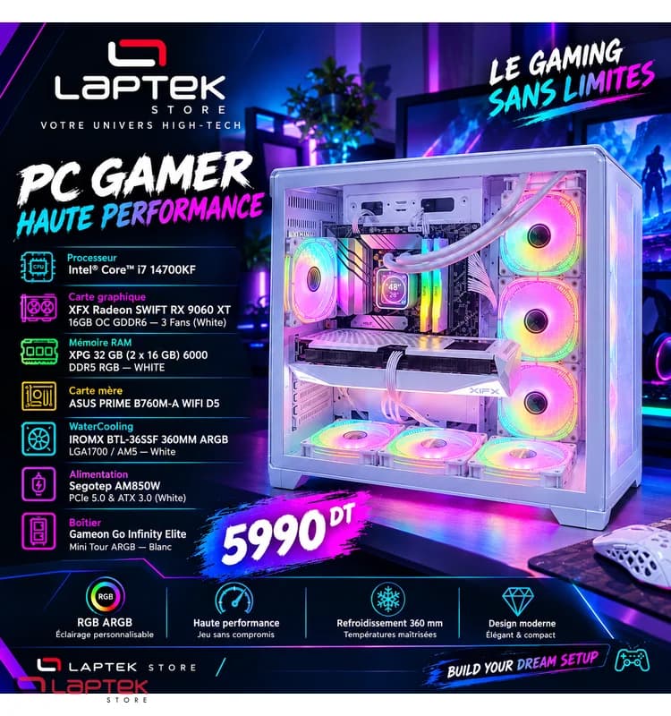 PC Gamer Intel Core i7-14700KF – RX 9060 XT 16GB – 32GB DDR5 RGB – 1TB SSD Nvme - Vue 1 | Laptek Store Tunisie
