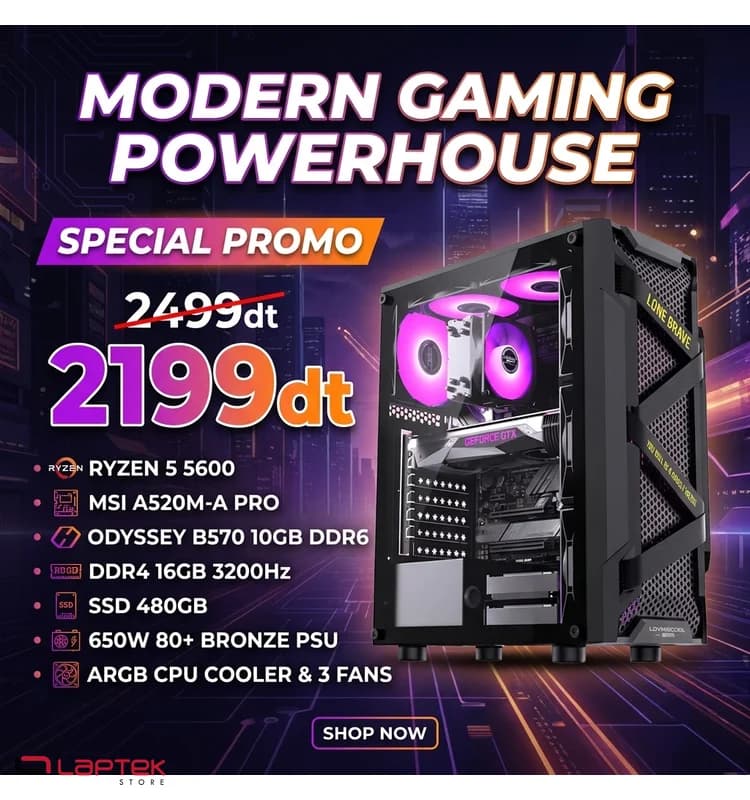 PC Gamer Ryzen 5 5500 | Intel Arc B570 10Go | 16Go RAM | SSD 480Go | LapTek Tunisie - Vue 1 | Laptek Store Tunisie