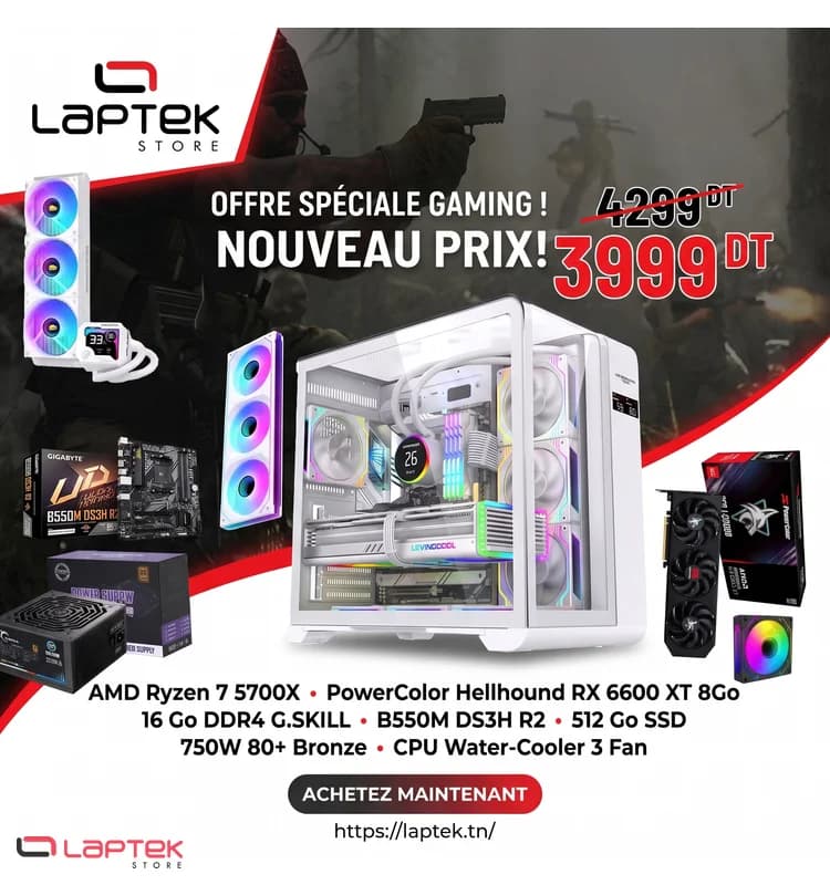 PC Gamer Ryzen 7 5700X | Radeon RX 9060 XT 16Go | 16Go RAM | SSD 512Go | Watercooling 360 mm | LapTek Tunisie - Vue 1 | Laptek Store Tunisie