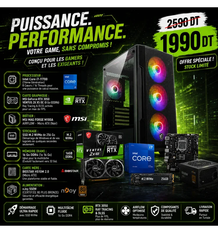 Unite Gamer Intel Core i7-11700 | RTX 3050 | 16G Ram | 256 GB NVMe - Vue 1 | Laptek Store Tunisie