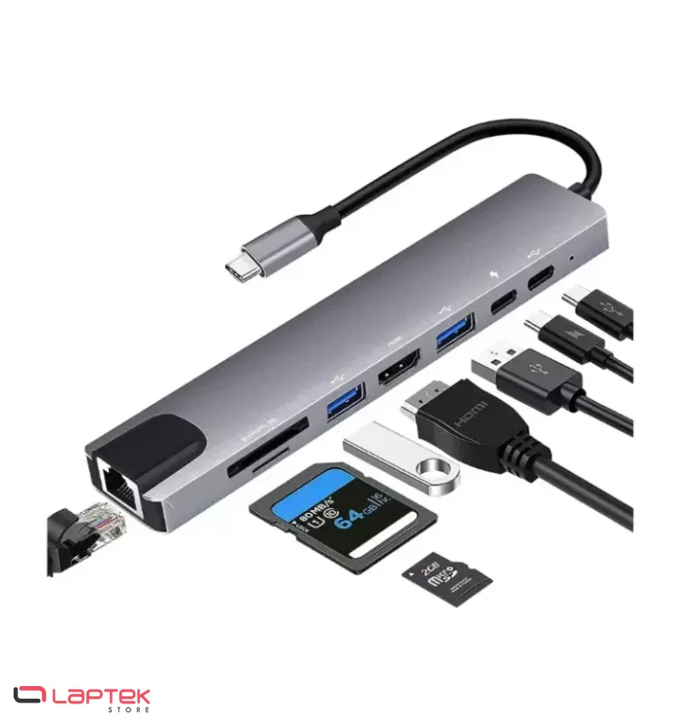 Mini Dockstation Hub 8en1 USB-C vers HD TV + SD/TF + USB3.0 + USB/C + PD + RJ45 - Vue 1 | Laptek Store Tunisie