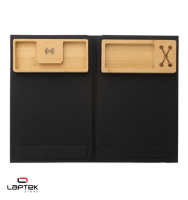 Organisateur de bureau pliable en rPET avec chargeur sans fil et support ordinateur, fabriqué avec technologie AWARE